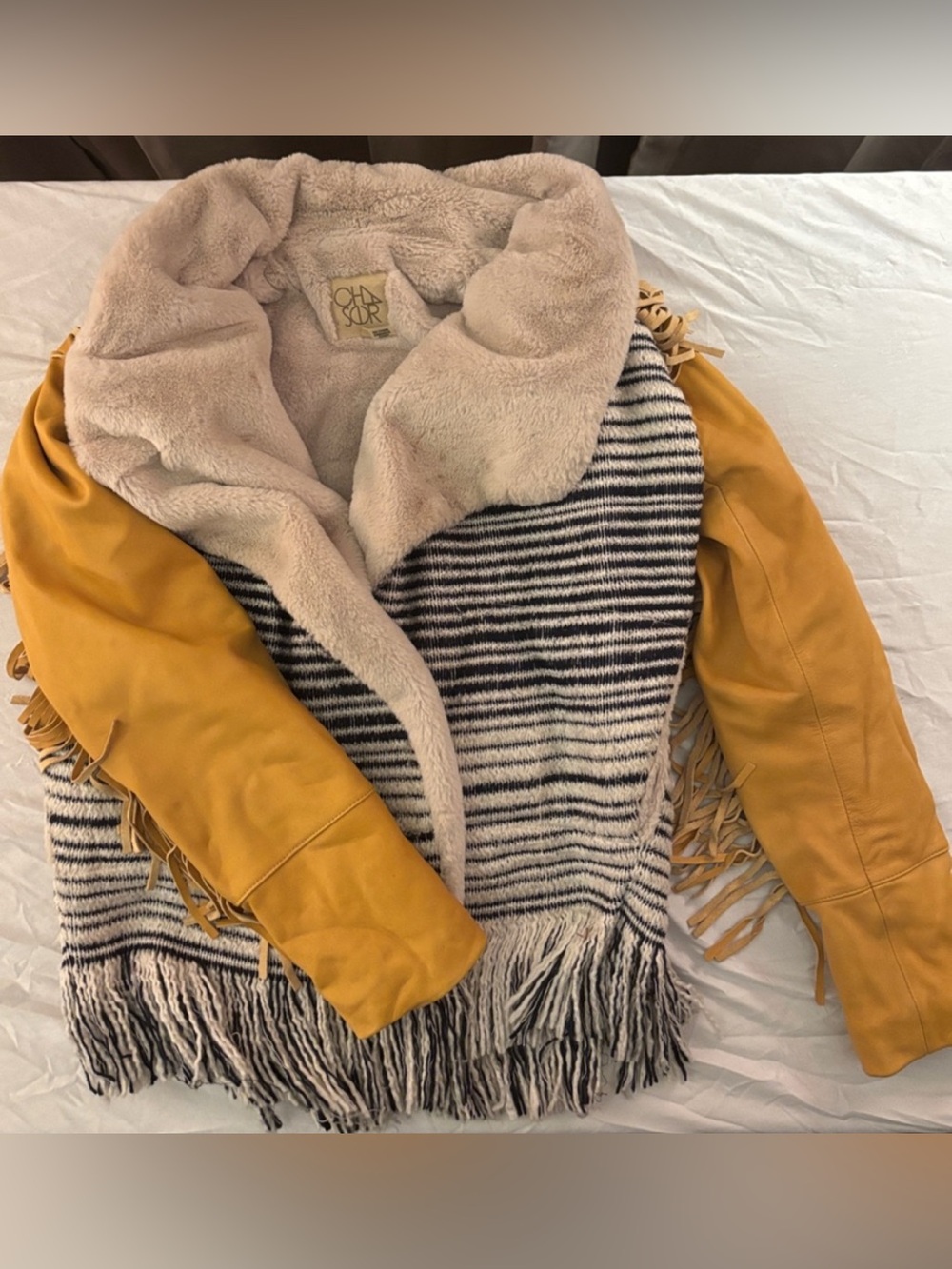 Chaser Cream Sherpa & Mustard leather Teddy Coat with fringe sleeve